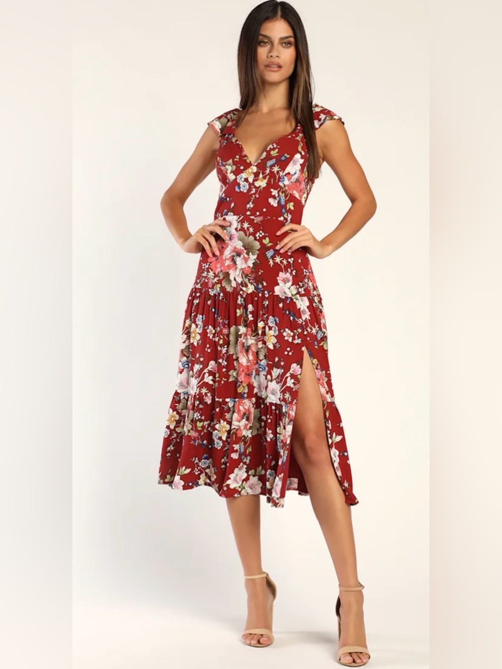 Lulu’s Abundant Blossoms Rust Red Floral Print Tiered Midi Dress Size Medium
